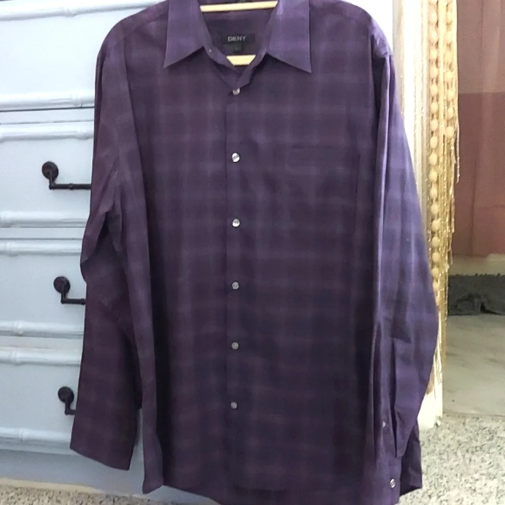 DKNY Mens Purple print Button Down Casual dress L/S SHirt Sz L